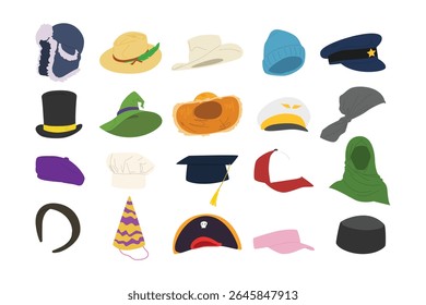 Vector illustration set of hats, head wear. Cartoon style.