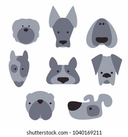 Vector illustration set head dog. dogs of different breeds: Bulldog, Collie, Bull Terrier, Spaniel, Dog, Bichon, Rottweiler, Airedale Terrier