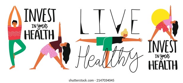 Vector illustration set with healthy lifestyle women and man doing exercises and lettering text Invest in your health. Motivational and inspirational typography poster, health care concept