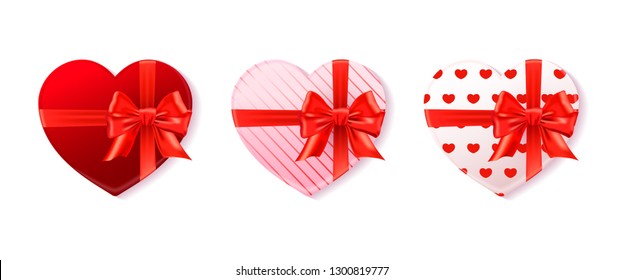 Vector illustration of a set of heart gift boxes with a bow isolated on white. Element for Valentines day, wedding, romantic designs
