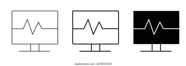 Vector illustration set of heart rate monitor icons showing EKG cardiogram pulse lines in outline, filled, and solid styles. Clean medical symbols perfect for healthcare and hospital design.