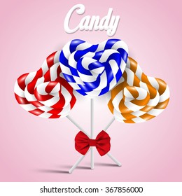 Vector illustration set of heart shaped candy lollipops with a bow isolated on pink background.