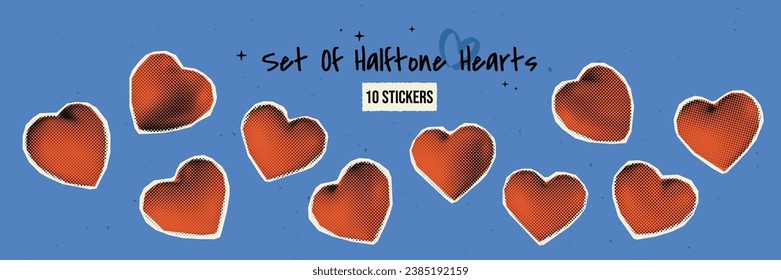 Vector illustration - Set of hearts with a halftone effect. Retro collage elements for digital designs. Trendy stickers in pop art style.