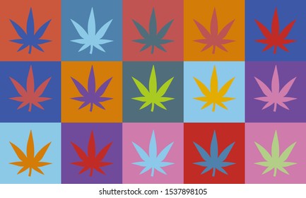 Vector illustration set of hemp leaves in pop art style