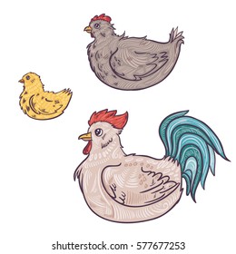 vector illustration set with hen rooster cock chicken on white background