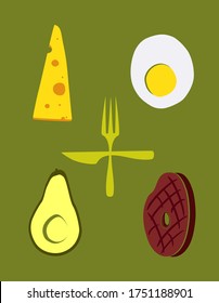 Vector illustration of a set of high fat keto diet products. Cheese, egg, avocado, beef steak. Fork and knife. Flat style. Poster, postcard.