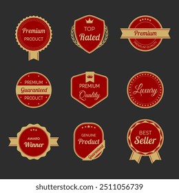 Vector illustration set of high quality labels and badges in red and gold color. Includes premium, certified designs for seals and stamps. Ideal for certification, assurance, and premium tags