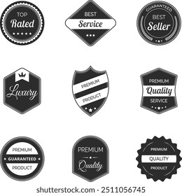 Vector illustration set of high quality labels and badges in vintage black color. Includes premium, certified designs for seals and stamps. Ideal to signify best standards and guaranteed quality.