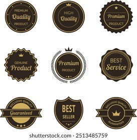 Vector illustration set of high quality label and badge in minimalist gold and black color. Includes premium, certified designs for seal and stamp. Perfect for trusted, genuine, and approved branding.