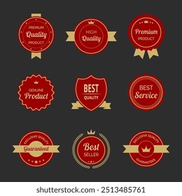 Vector illustration set of high quality labels and badges in red and gold color. Includes premium, certified designs for seals and stamps. Ideal for certification, assurance, and premium tags