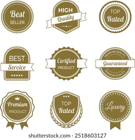 Vector illustration set of high quality labels and badges in minimalist gold color. Includes premium, certified designs for seals and stamps. Ideal to signify best standards and guaranteed quality.