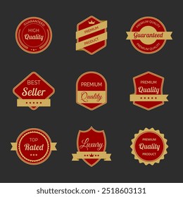 Conjunto de ilustrações vetoriais de etiquetas e emblemas de alta qualidade em vermelho e dourado. Inclui design premium e certificado para selos e carimbos. Ideal para certificação, garantia e etiquetas premium