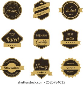 Vector illustration set of high quality label and badge in minimalist gold and black color. Includes premium, certified designs for seal and stamp. Perfect for trusted, genuine and approved branding