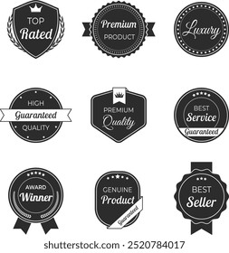 Vector illustration set of high quality labels and badges in vintage black color. Includes premium, certified designs for seals and stamps. Ideal to signify best standards and guaranteed quality.
