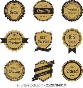 Conjunto de ilustrações vetoriais de etiqueta e distintivo de alta qualidade em cor dourada e preta minimalista. Inclui premium, projetos certificados para selo e selo. Perfeito para marcas confiáveis, genuínas e aprovadas.