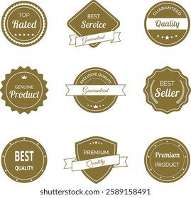 Vector illustration set of high quality labels and badges in minimalist gold color. Includes premium, certified designs for seals and stamps. Ideal to signify best standards and guaranteed quality.