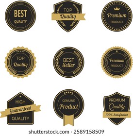 Vector illustration set of high quality label and badge in minimalist gold and black color. Includes premium, certified designs for seal and stamp. Perfect for trusted, genuine, and approved branding.