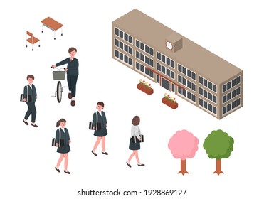 Vector Illustration Set Of High School Student And Isometric School Related Items.