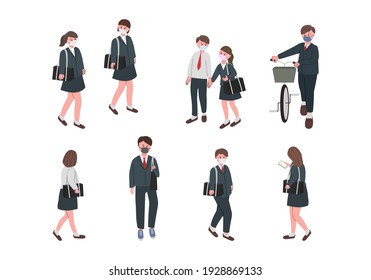 Vector illustration set of high school student wearing mask