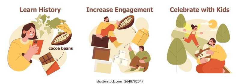 Vector illustration set highlighting chocolate history, engagement in production, and joyful celebration with kids. Captures learning, collaboration, and fun activities in a playful style.