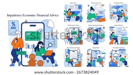 Vector illustration set highlighting digital finance, featuring diverse scenarios like micro-investing and budget planning with characters using digital tools to manage finances.