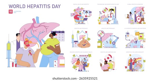 Vector illustration set highlighting World Hepatitis Day themes. Includes mental health, pregnancy, substance use, LGBTQ community, AI in diagnosis, and global elimination efforts.