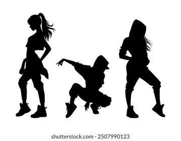 Vector illustration. Set of hip-hop dancer girls. Black silhouette on white background.