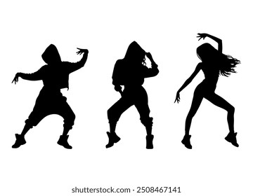 Vector illustration. Set of hip-hop dancer girls. Black silhouette on white background.