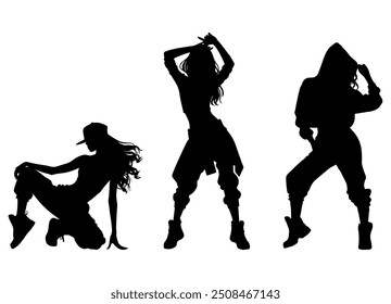 Vector illustration. Set of hip-hop dancer girls. Black silhouette on white background.