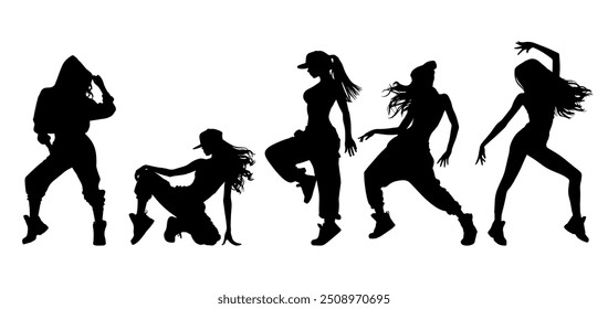 Vector illustration. Set of hip-hop dancer girls. Black silhouette on white background.