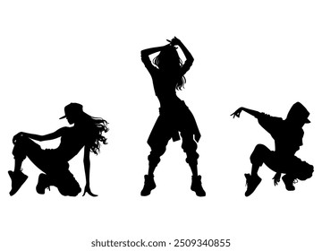 Vector illustration. Set of hip-hop dancer girls. Black silhouette on white background.