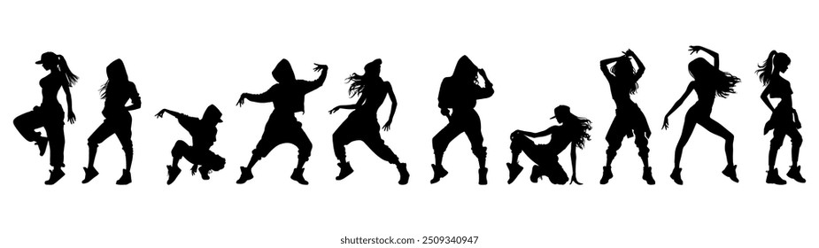 Vector illustration. Set of hip-hop dancer girls. Black silhouette on white background.