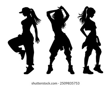 Vector illustration. Set of hip-hop dancer girls. Black silhouette on white background.