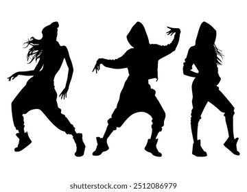 Vector illustration. Set of hip-hop dancer girls. Black silhouette on white background.