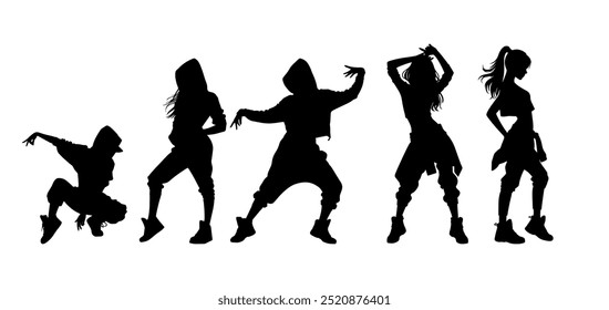 Vector illustration. Set of hip-hop dancer girls. Black silhouette on white background.