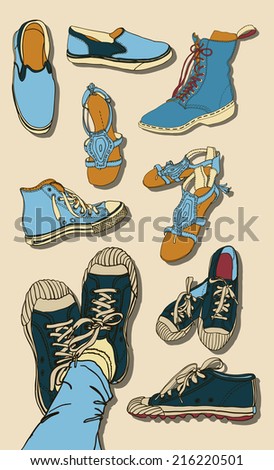 Vector illustration Set of hipster Cartoon Shoes