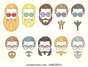 Vector illustration. Set of hipster face with mustaches and beards