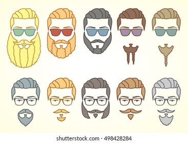 Vector illustration. Set of hipster face with mustaches and curly beards. Design elements for your stickers, card, posters, emblems, web design. Colored doodle