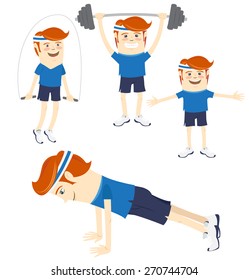 Vector illustration Set of Hipster funny sportsmen doing exercises. Flat style