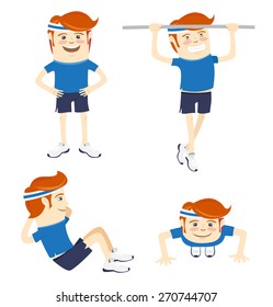 Vector illustration Set of Hipster funny sportsmen doing exercises. Flat style