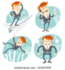 Vector Illustration Set of hipster office man: Office man flying an looking to the future, salesman speaking phone, happy white collar throwing up by his team, angry boss shaking his fists