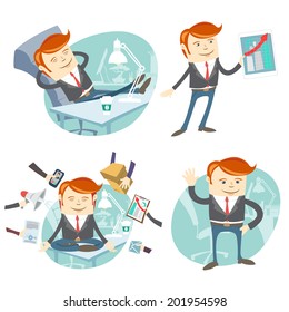 Vector Illustration Set of hipster officeman: lazy worker foot on desk, salesman with device, busy multitasking man, waving office white collar 
