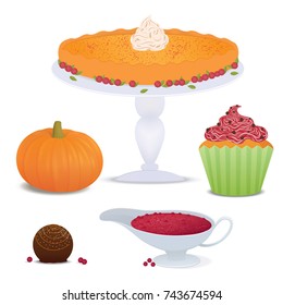 Vector illustration. Set of holiday autumn food. Delicious desserts made from pumpkin to the day of Thanksgiving
