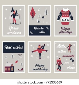 Vector illustration. Set of holiday cards with different characters doing winter sport and other elements