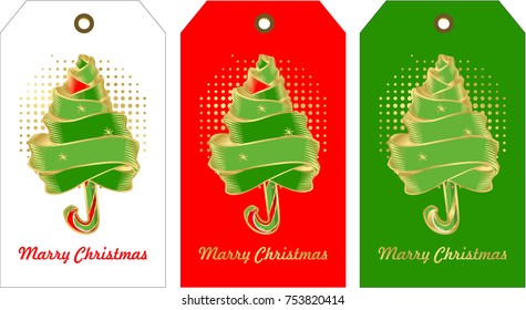 vector illustration set of holiday tags with christmas and new year with elements of festive decorations Christmas tree with ribbons on sweet Christmas candy