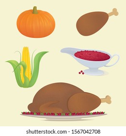 Vector illustration. Set of holiday traditional food. Tasty food to the day of Thanksgiving