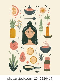 Vector illustration set with holistic health aesthetics for women’s well-being – elements of healthy eating, vitamins, meditation icons, exercise