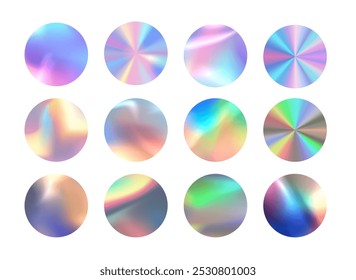 Vector illustration of a set of holographic neon blank stickers on an isolated white background. Bright rainbow templates designed for tags, badges, certificates and coupons.