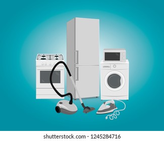 Vector illustration set of home appliances on a blue background.