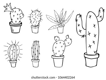 vector illustration set of home cactus and aloe in pot doodle sketch drawn by black marker to logo or icon